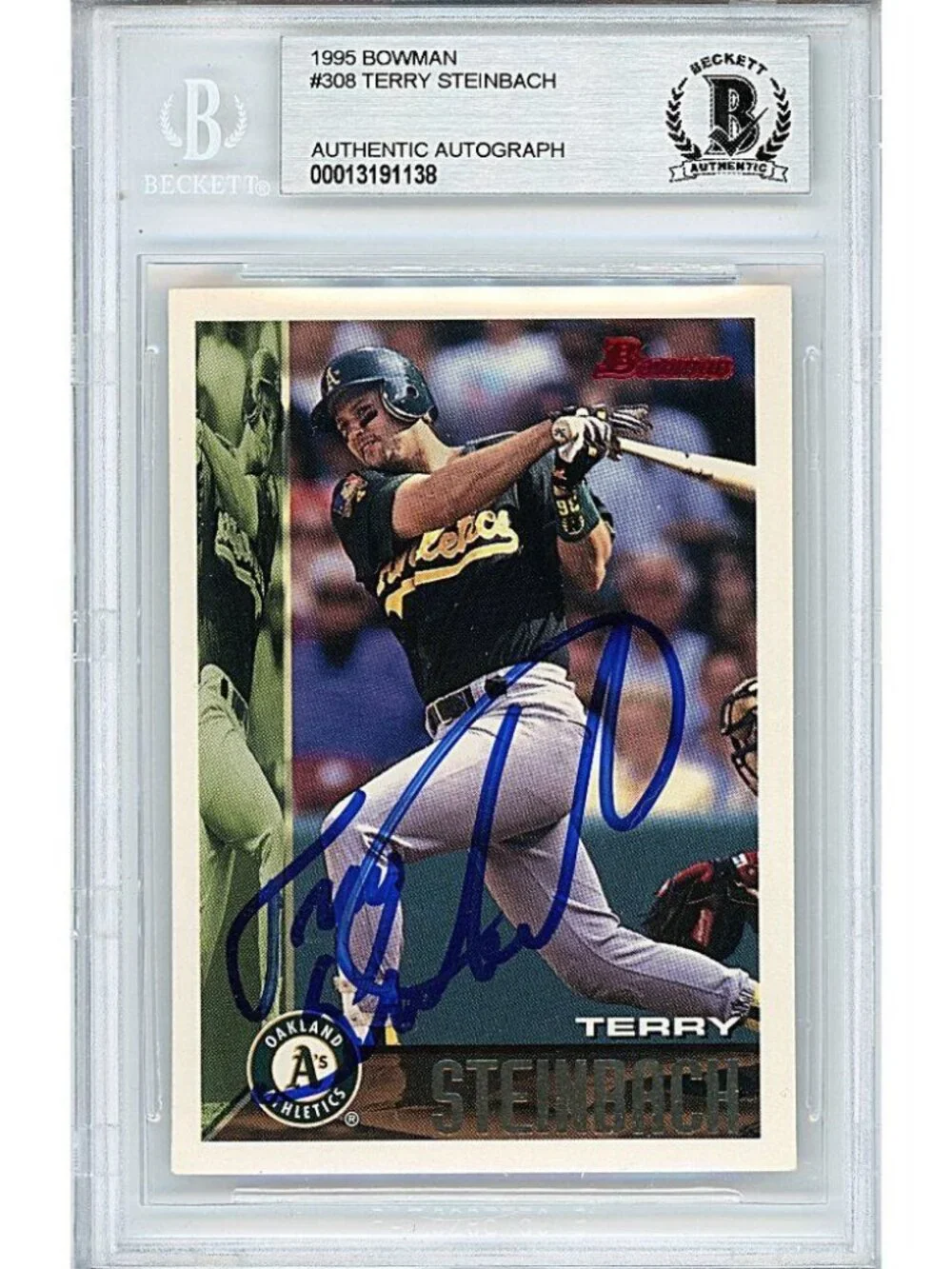 Terry Steinbach Oakland A's Signed 95 Bowman Baseball Card Beckett BAS Autograph